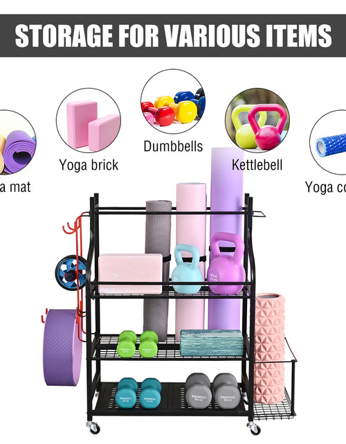 Load image into Gallery viewer, Yoga Mat Storage Racks,Home Gym Storage Rack for Dumbbells Kettlebells Foam Roller, Yoga Strap and Resistance Bands, Workout Equipment Storage Organizer with Hooks and Wheels
