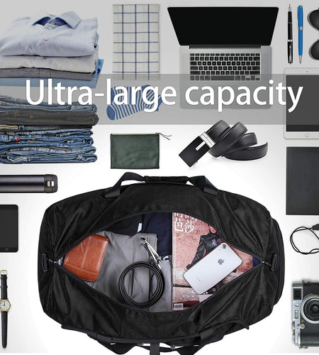 Duffel Bags for Traveling, 65L Carry on Foldable Weekender Overnight Bag for Men Women Waterproof Weekend Travel Duffle Bags with Shoe Compartment,Black