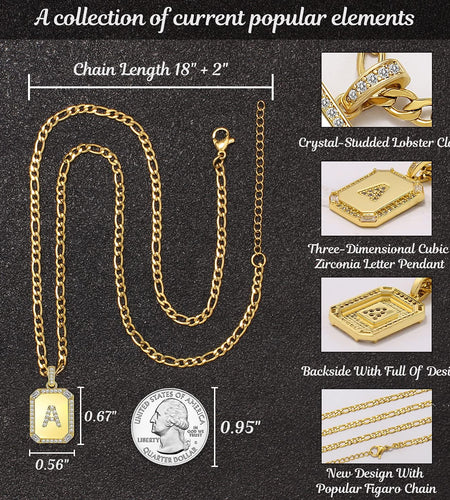 Gold Initial Necklaces for Women,Letter Necklace for Women Girls,Rectangle Necklace with Letters Monogram 18K Gold Plated Alhpabets 26 Pendant Womens Necklace Stainless Steel Box Chain