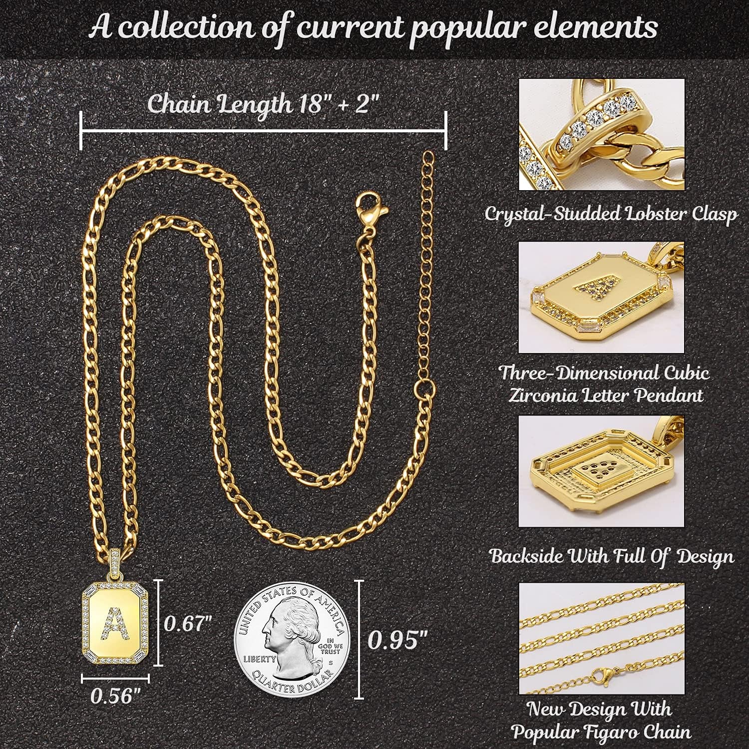 Gold Initial Necklaces for Women,Letter Necklace for Women Girls,Rectangle Necklace with Letters Monogram 18K Gold Plated Alhpabets 26 Pendant Womens Necklace Stainless Steel Box Chain