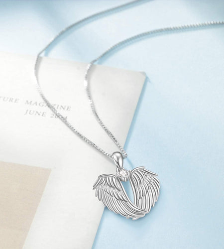 Angel Wings Necklace 925 Sterling Silver Guardian Angel Wings Pendant Necklace Birthstone Necklace for Women Girls Christmas Jewelry Gifts