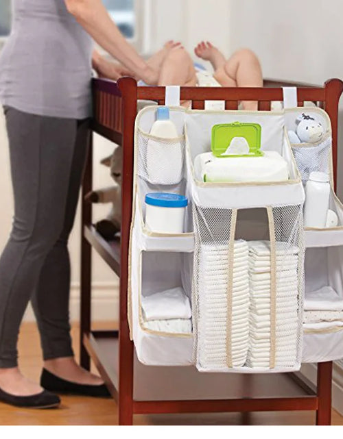 Load image into Gallery viewer, White/Gray Oxford Portable Baby Bed Hanging Storage Bag Toy Diapers Pocket Bedside Organizer Infant Crib Bedding Set Organizer
