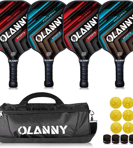 Graphite Pickleball Paddles 4 Pack - Premium Rackets Fiber Face & Polymer Honeycomb Core Pickleball Set Includes 4 Pickleball Paddles + 6 Balls+ 4 Replacement Soft Grip + 1 Bag