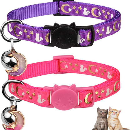 2PCS Breakaway Cat Collars with Bell Moons Stars Cute Kitty Adjustable Safe Kitten Collars with Pendant Glow in the Dark(Purple&Pink)