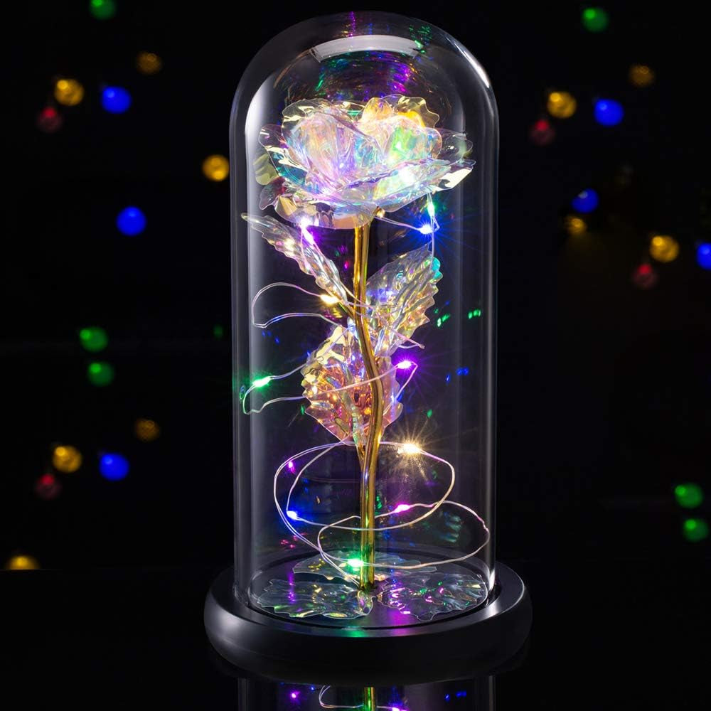 Christmas Rose Gifts for Women,Birthday Gift for Women,Light up Colorful Rainbow Rose in Glass Dome,Unique Gifts Is for Mothers Day,Christmas,Anniversary,Valentine'S Day