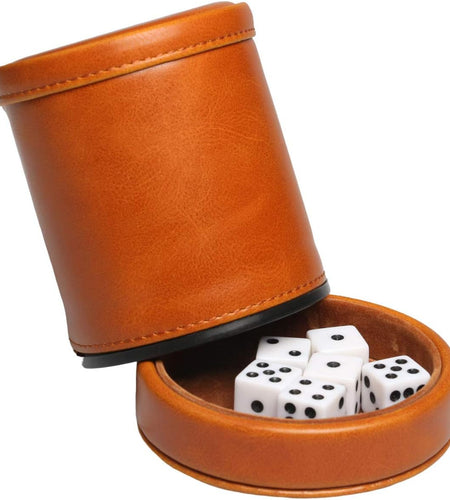 Leatherette Dice Cup with Lid Includes 6 Dices, Velvet Interior Quiet in Shaking for Liars Dice Farkle Yahtzee Board Games, Brown