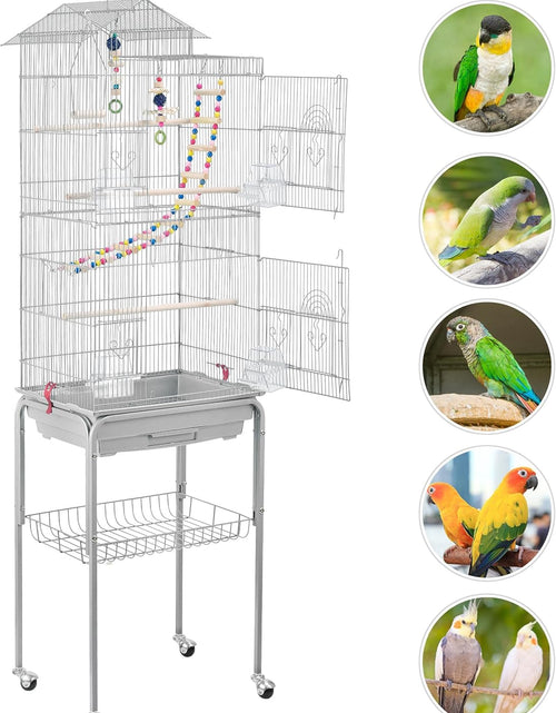 Load image into Gallery viewer, Metal Roof Top Bird Cage Wrought Rolling Birdcage W/Detachable Stand for Medium Small Parrots Parakeets Budgies Cockatiels
