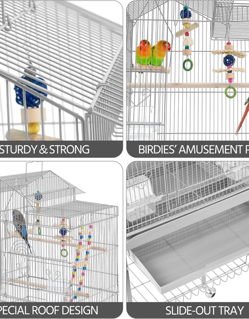 Load image into Gallery viewer, Metal Roof Top Bird Cage Wrought Rolling Birdcage W/Detachable Stand for Medium Small Parrots Parakeets Budgies Cockatiels
