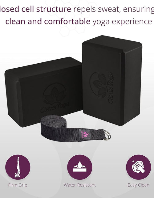 Load image into Gallery viewer, Blocks 2 Pack with Strap - Extra Light Weight Sweat Repelling Foam Yoga Block Set with Cotton 8Ft Yoga Stretch Strap - Yoga Block and Strap Set Kit for Beginner to Pro - Exercise Accessories for Stretching, Balance and Strength
