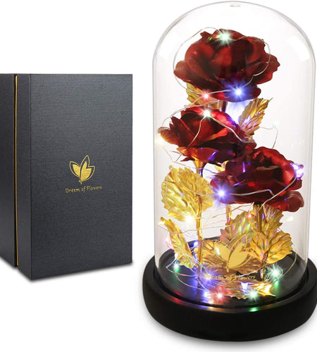 Valentines Day Gifts for Wife Colorful Gold Foil Rose Enchanted Red Rose, Romantic Gifts Beauty and the Beast Rose for Party Home Decor Unique Gifts for Women Wife Mom Grandma Sister