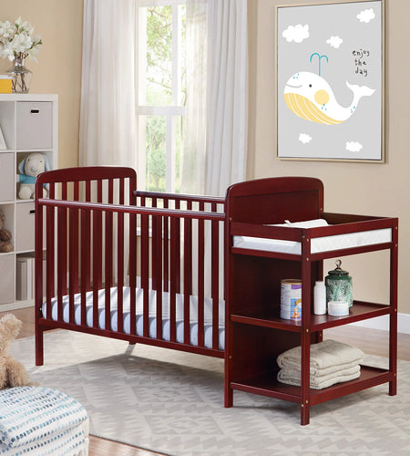 Crib Bedding for Baby, Solid Pine Wood Frame 3-In-Crib and Changing Table Combo, Cribs Can Converts to Toddler Bed or Day Bed, Greenguard Gold Certified, Non-Toxic Finishes, Cherry
