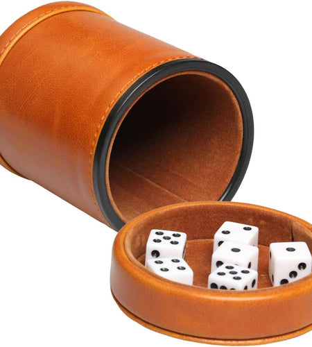 Leatherette Dice Cup with Lid Includes 6 Dices, Velvet Interior Quiet in Shaking for Liars Dice Farkle Yahtzee Board Games, Brown