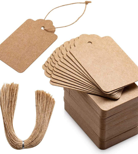 100Pcs Premium Gift Tags, Double-Sided Available Kraft Paper Price Tags with 100 Root Natural Jute Twine, Craft Tags Labels Treats Tags for Wedding Christmas Day Thanksgiving