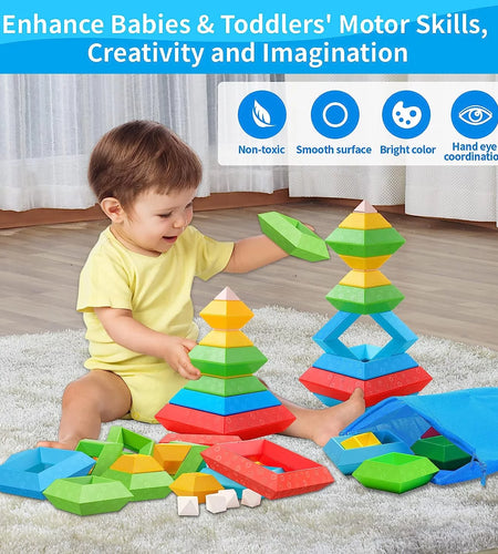 Toddler Stacking Building Blocks Educational Toys, Montessori Activities Learning Toys for 1 2 3+ Year Old, Sensory Toys Gifts for Toddler 1-3Y Boys & Girls, 30 Piece Set