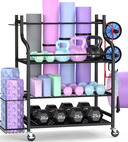 Yoga Mat Storage Racks,Home Gym Storage Rack for Dumbbells Kettlebells Foam Roller, Yoga Strap and Resistance Bands, Workout Equipment Storage Organizer with Hooks and Wheels