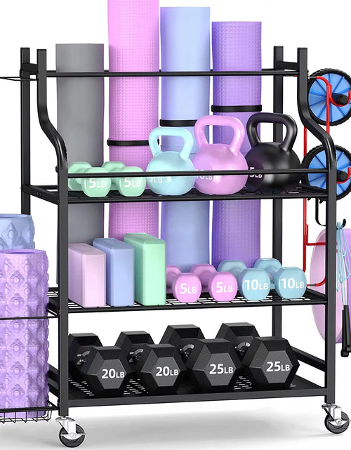 Load image into Gallery viewer, Yoga Mat Storage Racks,Home Gym Storage Rack for Dumbbells Kettlebells Foam Roller, Yoga Strap and Resistance Bands, Workout Equipment Storage Organizer with Hooks and Wheels
