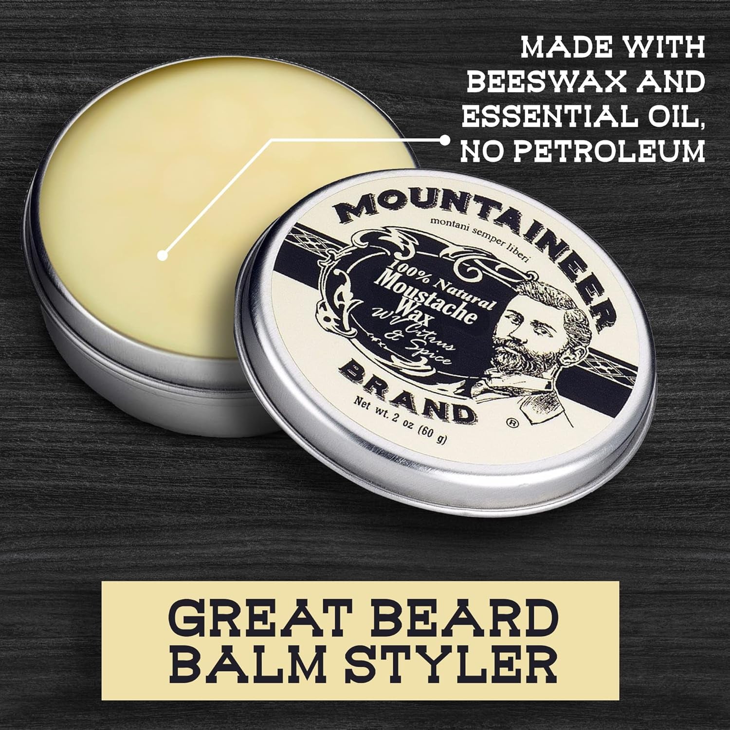 Mustache Wax for Men 100% Natural Beeswax/Plant Based Oils | Grooming Beard Moustache Wax Tin | Long-Lasting Hold | Smooth, Condition, Styling Balm | Citrus & Spice 2Oz