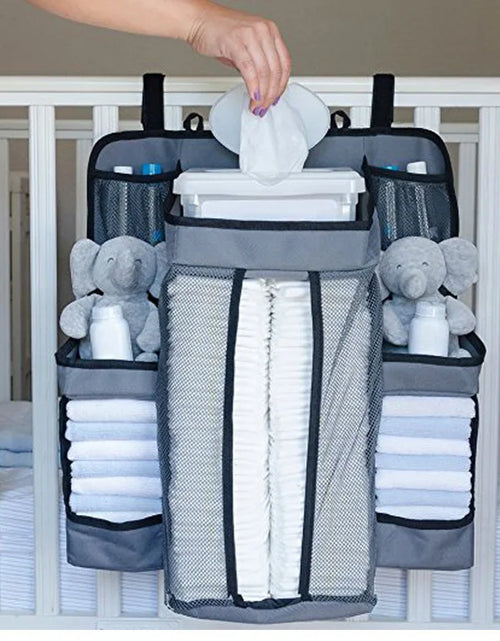 Load image into Gallery viewer, White/Gray Oxford Portable Baby Bed Hanging Storage Bag Toy Diapers Pocket Bedside Organizer Infant Crib Bedding Set Organizer
