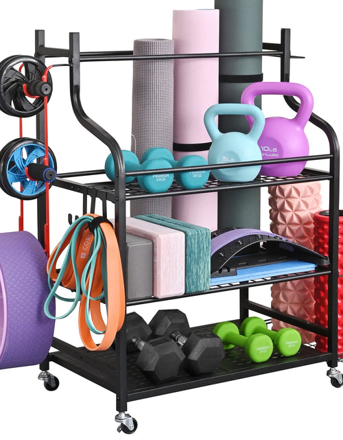 Load image into Gallery viewer, Yoga Mat Storage Racks,Home Gym Storage Rack for Dumbbells Kettlebells Foam Roller, Yoga Strap and Resistance Bands, Workout Equipment Storage Organizer with Hooks and Wheels
