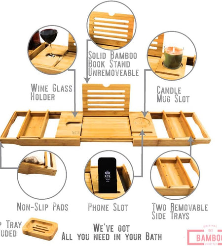 Bathtub Caddy Tray (Natural)- Bamboo Wood Bath Tray and Bath Caddy for a Home Spa Experience