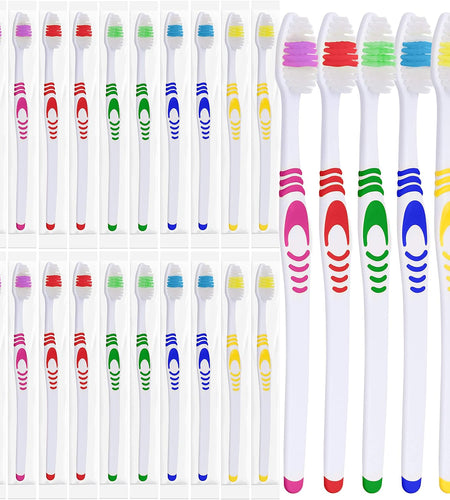 25 Bulk Toothbrushes | Individually Wrapped | Manual Disposable Travel Toothbrush Set for Adults or Kids | Made with a Medium-Soft Large Head | Multi-Color | Travel Toiletry Oral Set
