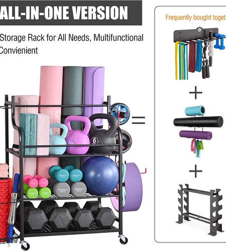 Yoga Mat Storage Racks,Home Gym Storage Rack for Dumbbells Kettlebells Foam Roller, Yoga Strap and Resistance Bands, Workout Equipment Storage Organizer with Hooks and Wheels