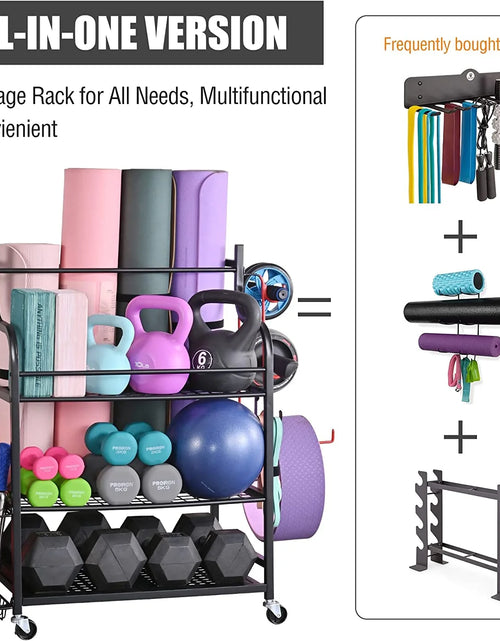 Load image into Gallery viewer, Yoga Mat Storage Racks,Home Gym Storage Rack for Dumbbells Kettlebells Foam Roller, Yoga Strap and Resistance Bands, Workout Equipment Storage Organizer with Hooks and Wheels
