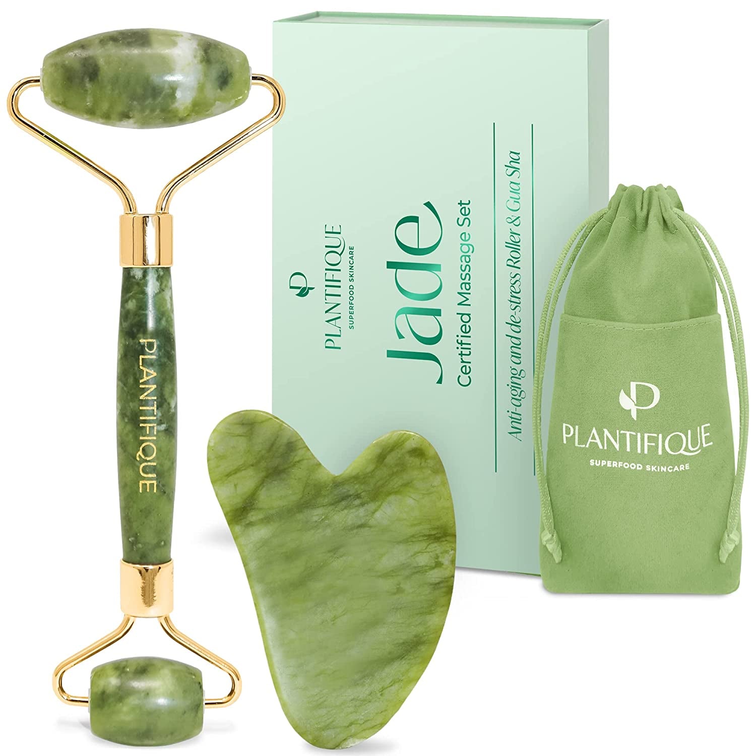Jade Roller for Face and Gua Sha Facial Tools - Includes Real Jade Roller and Gua Sha Set - Certified Face Roller and Guasha for Your Skin Care Routine