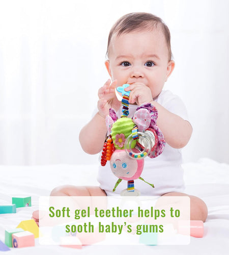 Baby Stroller Toy and Car Seat Toy for Infant with Teether Hanging Rattle Toys Clip on Stroller Toy Soft Plush Baby Toys for Boys and Girls 3-12 Months