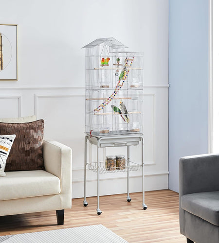 Metal Roof Top Bird Cage Wrought Rolling Birdcage W/Detachable Stand for Medium Small Parrots Parakeets Budgies Cockatiels