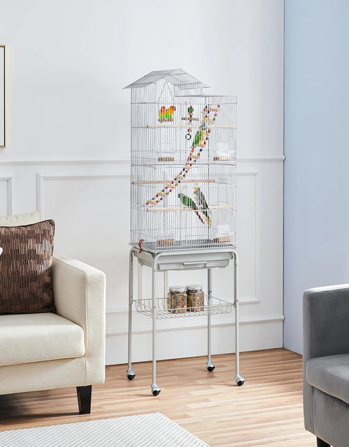 Load image into Gallery viewer, Metal Roof Top Bird Cage Wrought Rolling Birdcage W/Detachable Stand for Medium Small Parrots Parakeets Budgies Cockatiels
