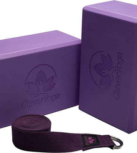 Blocks 2 Pack with Strap - Extra Light Weight Sweat Repelling Foam Yoga Block Set with Cotton 8Ft Yoga Stretch Strap - Yoga Block and Strap Set Kit for Beginner to Pro - Exercise Accessories for Stretching, Balance and Strength