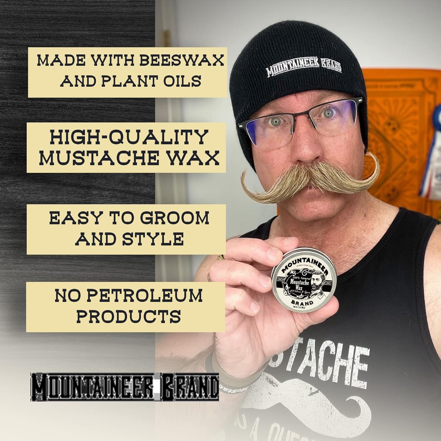 Mustache Wax for Men 100% Natural Beeswax/Plant Based Oils | Grooming Beard Moustache Wax Tin | Long-Lasting Hold | Smooth, Condition, Styling Balm | Citrus & Spice 2Oz
