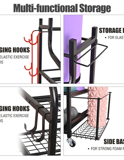 Load image into Gallery viewer, Yoga Mat Storage Racks,Home Gym Storage Rack for Dumbbells Kettlebells Foam Roller, Yoga Strap and Resistance Bands, Workout Equipment Storage Organizer with Hooks and Wheels
