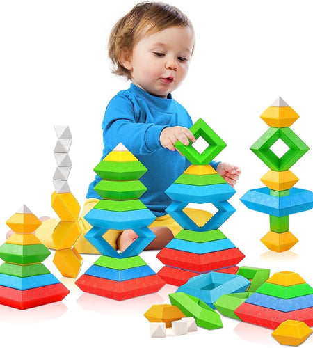 Toddler Stacking Building Blocks Educational Toys, Montessori Activities Learning Toys for 1 2 3+ Year Old, Sensory Toys Gifts for Toddler 1-3Y Boys & Girls, 30 Piece Set