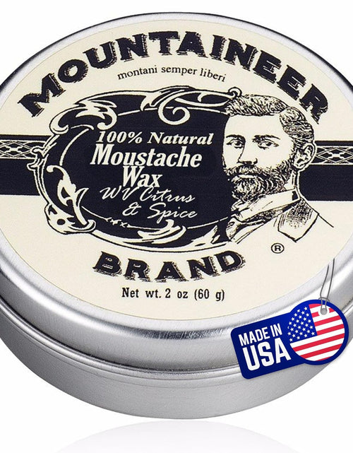 Load image into Gallery viewer, Mustache Wax for Men 100% Natural Beeswax/Plant Based Oils | Grooming Beard Moustache Wax Tin | Long-Lasting Hold | Smooth, Condition, Styling Balm | Citrus &amp; Spice 2Oz
