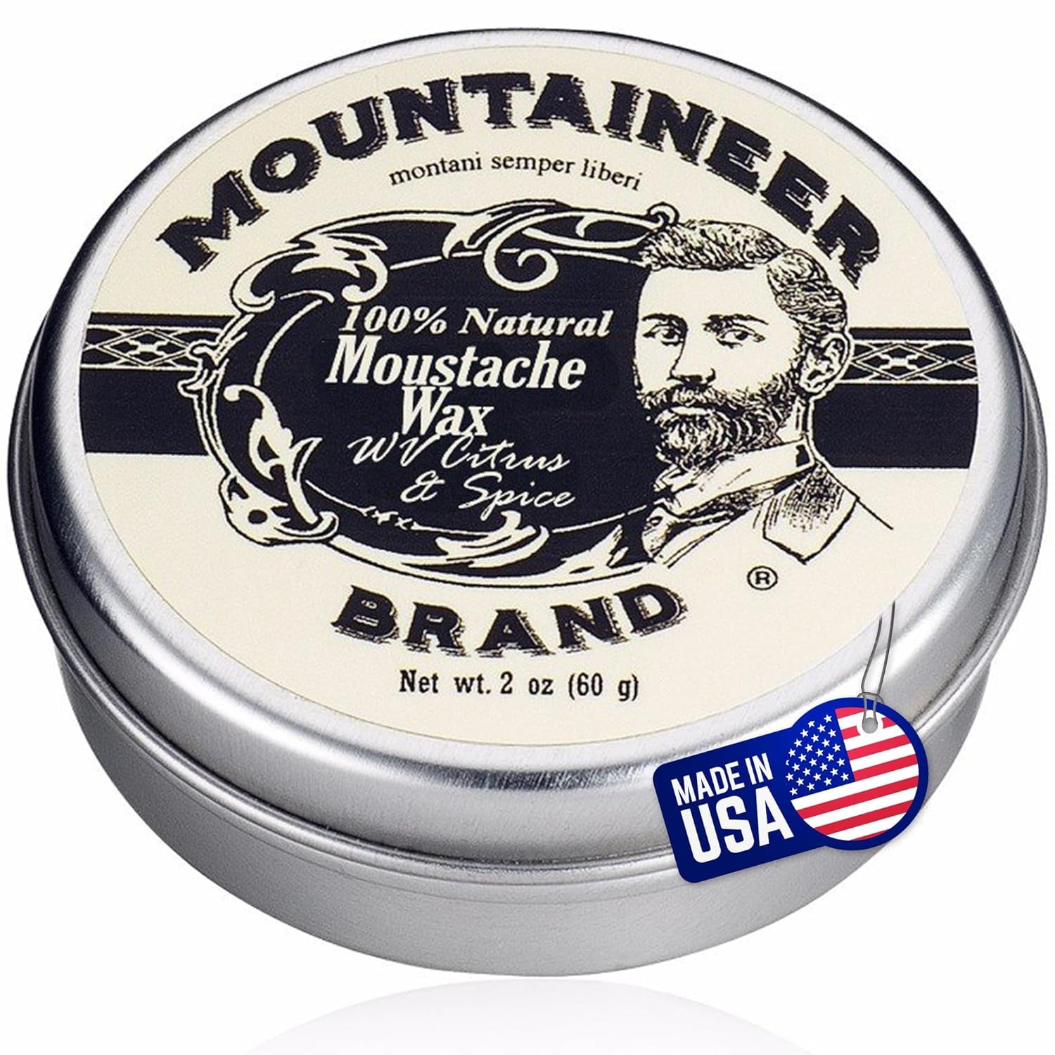 Mustache Wax for Men 100% Natural Beeswax/Plant Based Oils | Grooming Beard Moustache Wax Tin | Long-Lasting Hold | Smooth, Condition, Styling Balm | Citrus & Spice 2Oz